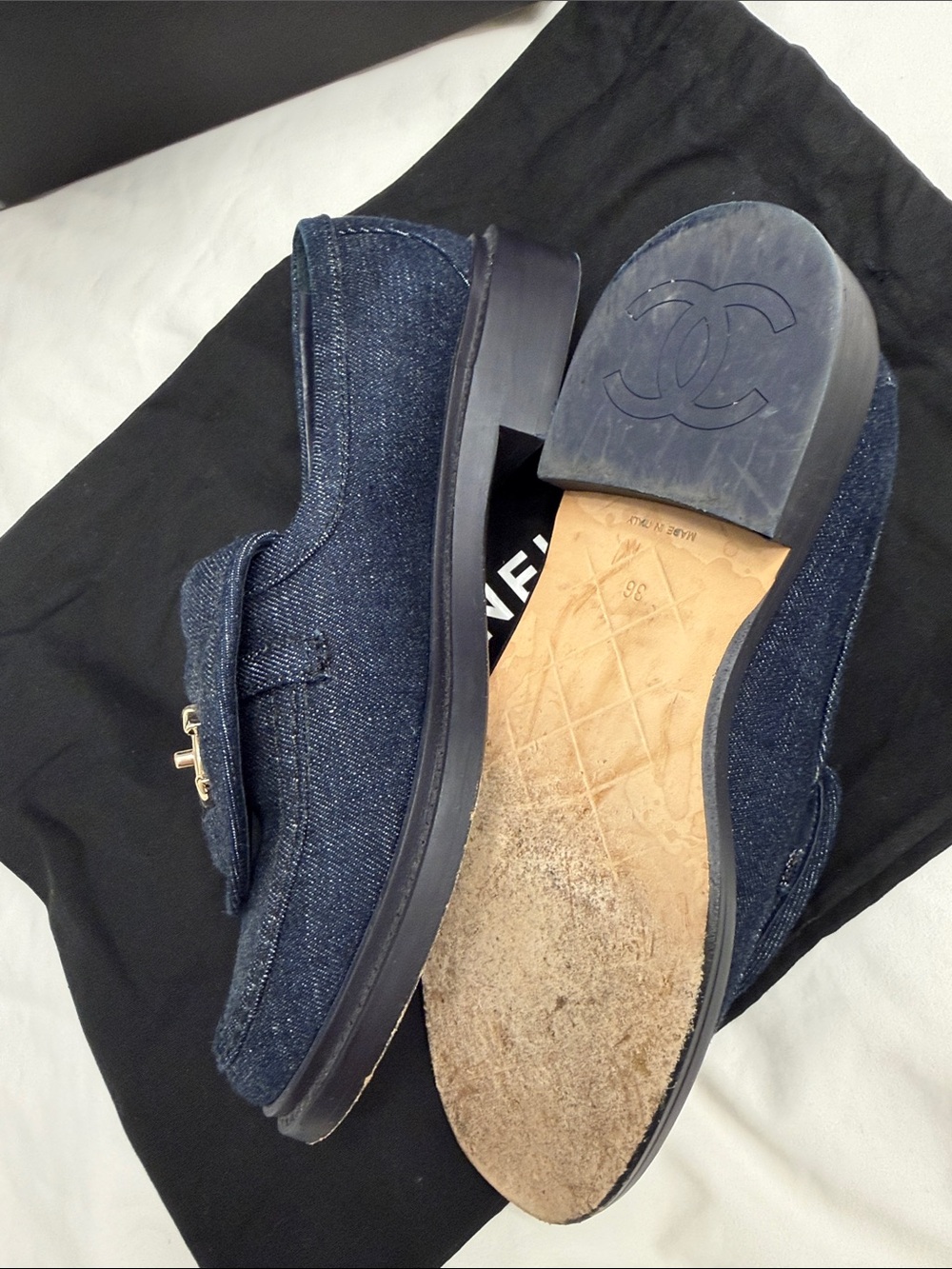CHANEL Denim Loafers with Gold CC Hardware in Dark Blue.Box & dust bags included - Picture 4 of 8